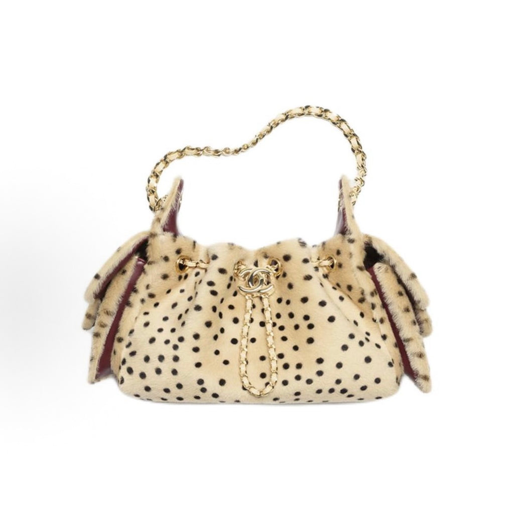Mini 25 Drawstring Bag Dalmatian Spotted Mink Fur Gold Hardware