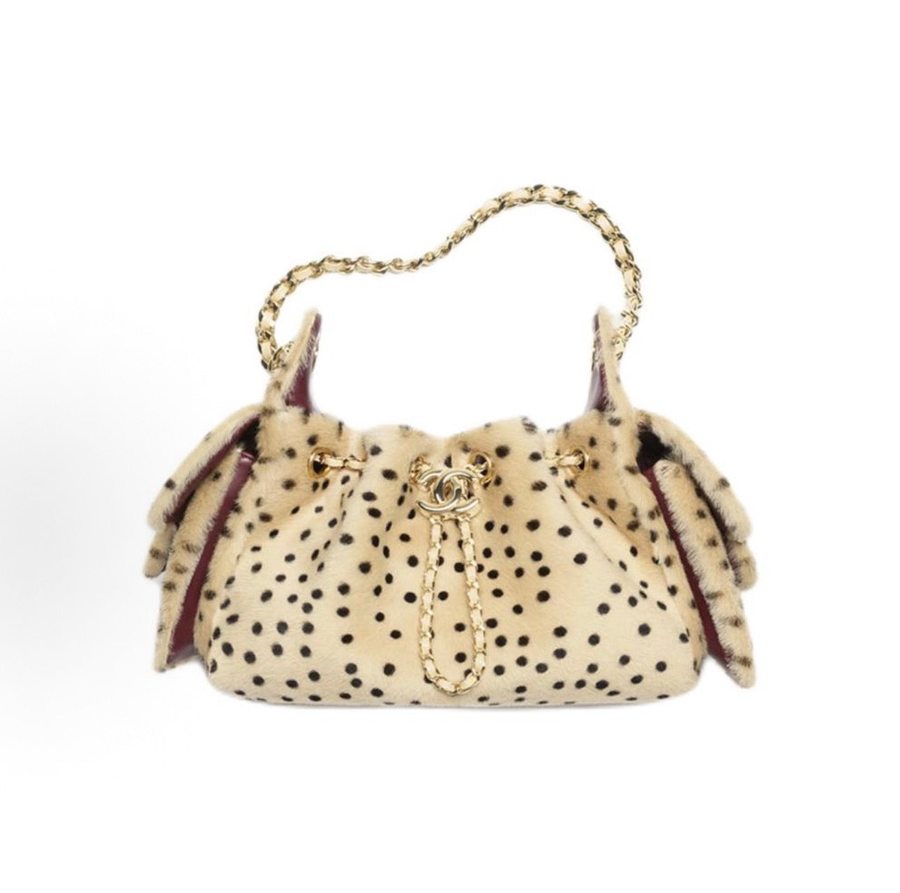 Mini 25 Drawstring Bag Dalmatian Spotted Mink Fur Gold Hardware