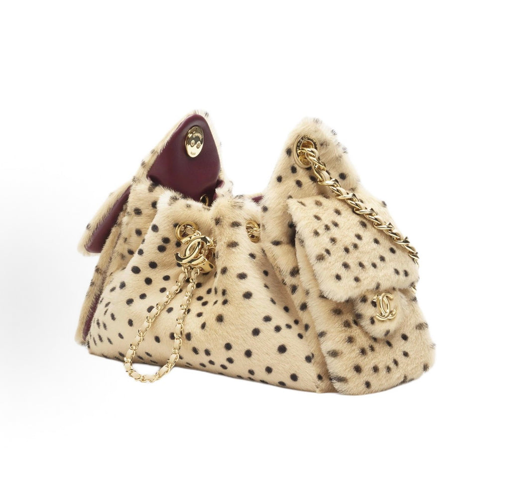 Mini 25 Drawstring Bag Dalmatian Spotted Mink Fur Gold Hardware