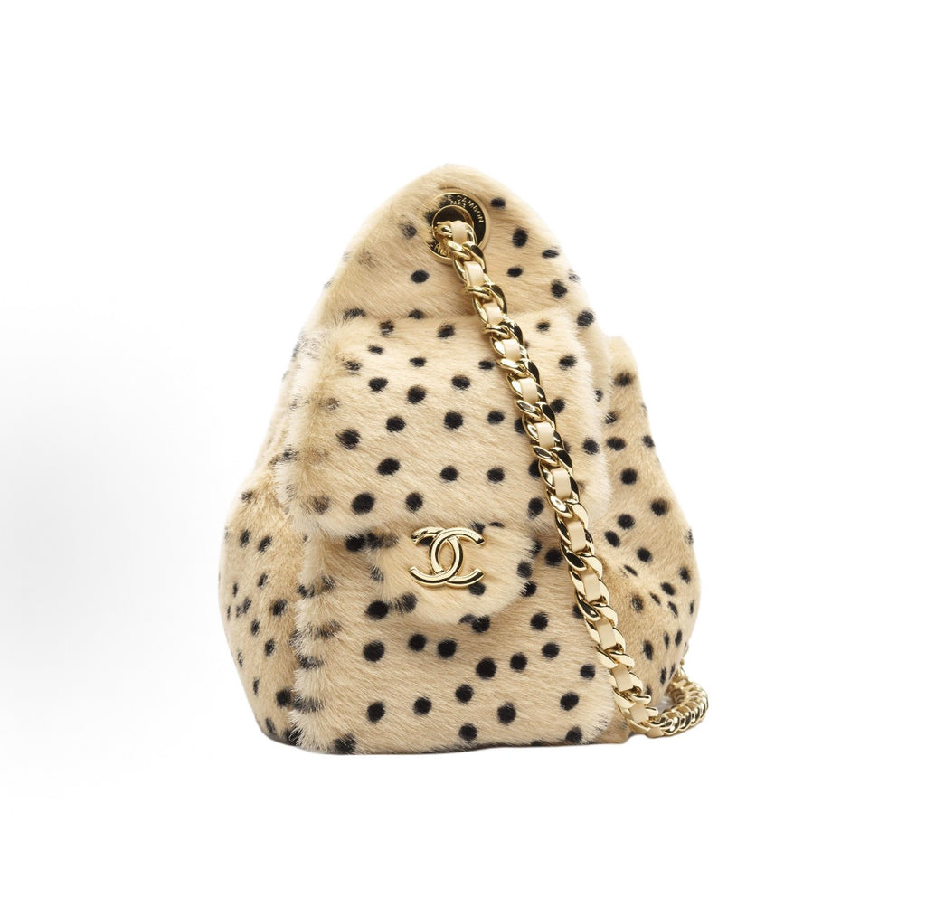 Mini 25 Drawstring Bag Dalmatian Spotted Mink Fur Gold Hardware