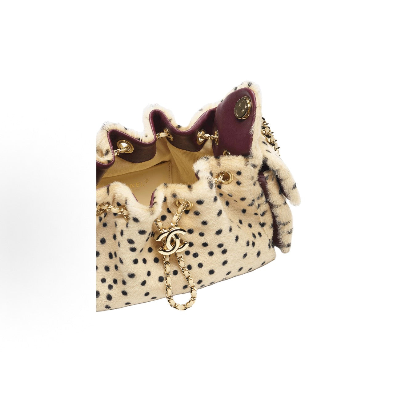 Mini 25 Drawstring Bag Dalmatian Spotted Mink Fur Gold Hardware