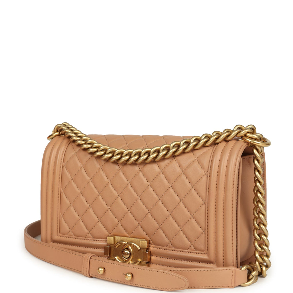 Pre-owned Chanel Medium Boy Bag Dark Beige Lambskin Antique Gold Hardware