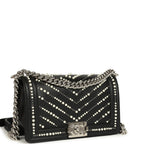 Medium Boy Bag Black Pearl Chevron Calfskin Silver Hardware