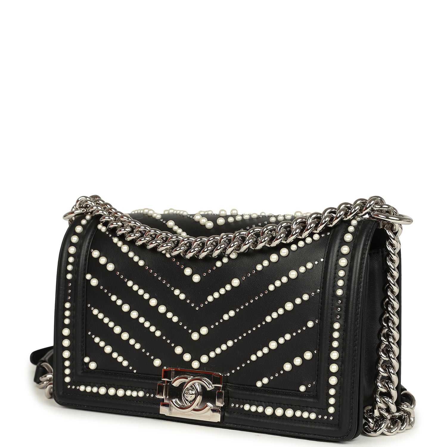 Medium Boy Bag Black Pearl Chevron Calfskin Silver Hardware