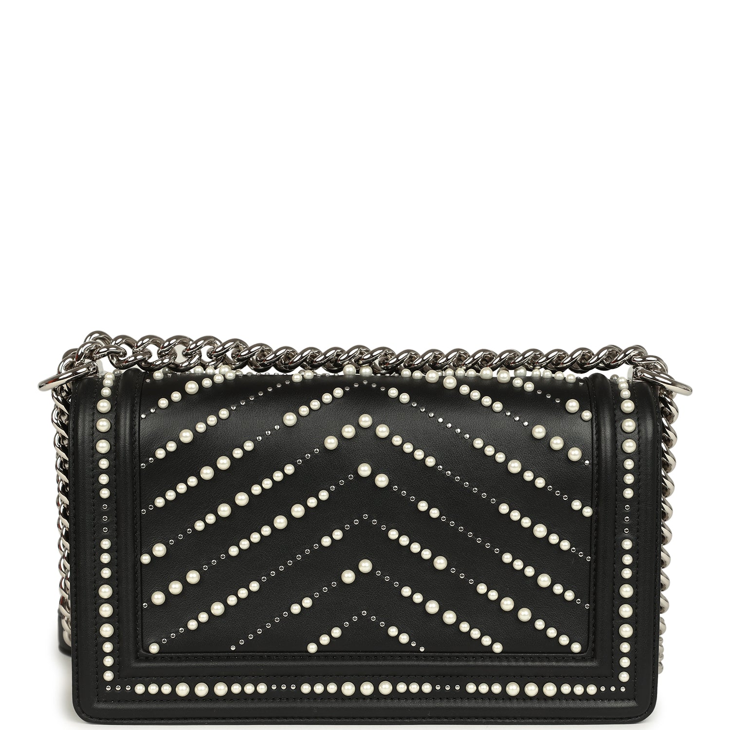 Medium Boy Bag Black Pearl Chevron Calfskin Silver Hardware
