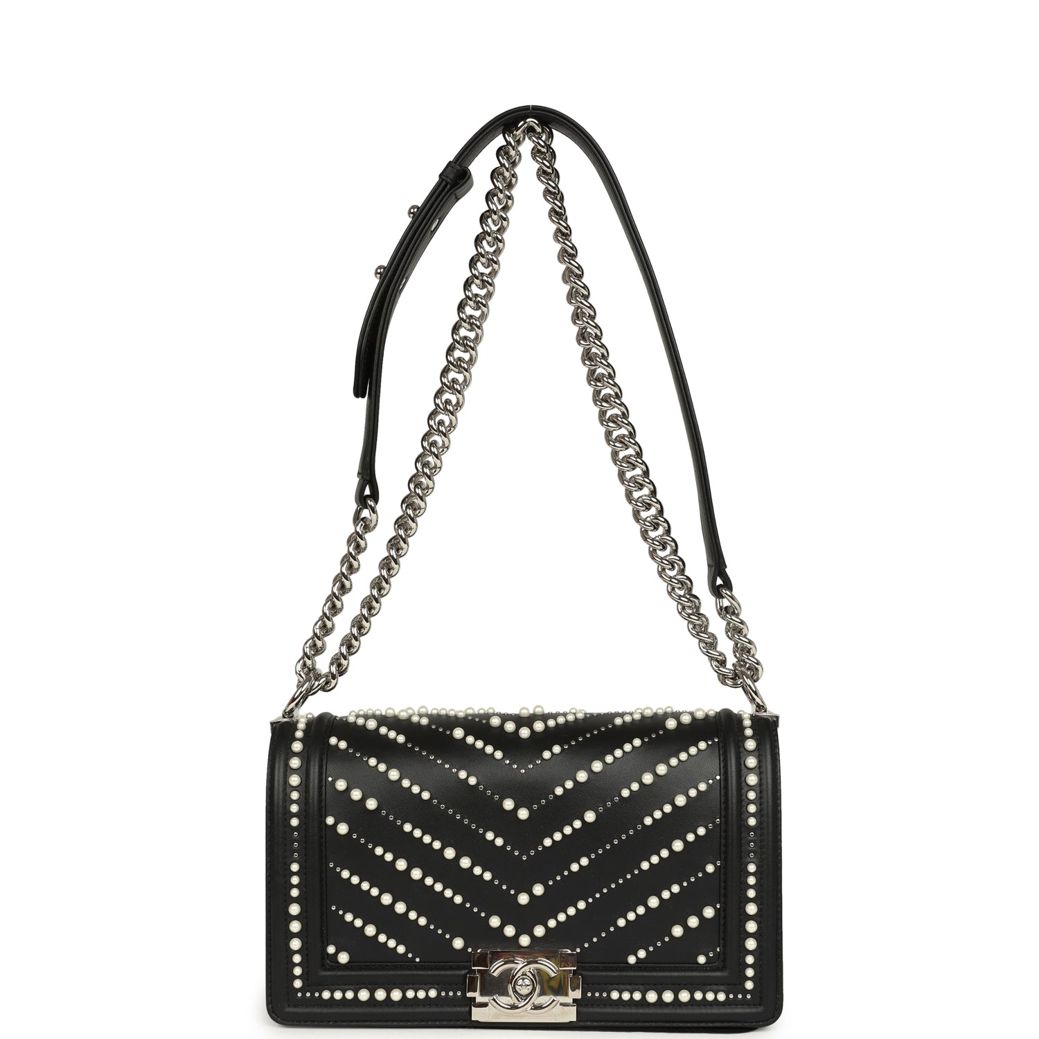 Medium Boy Bag Black Pearl Chevron Calfskin Silver Hardware