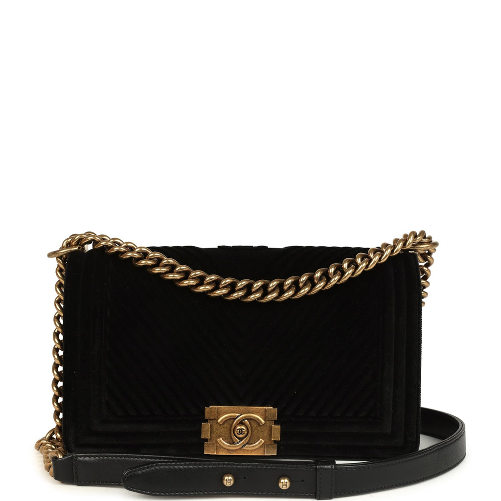 Medium Boy Bag Black Chevron Velvet Antique Gold Hardware