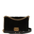 Medium Boy Bag Black Chevron Velvet Antique Gold Hardware