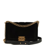 Medium Boy Bag Black Chevron Velvet Antique Gold Hardware