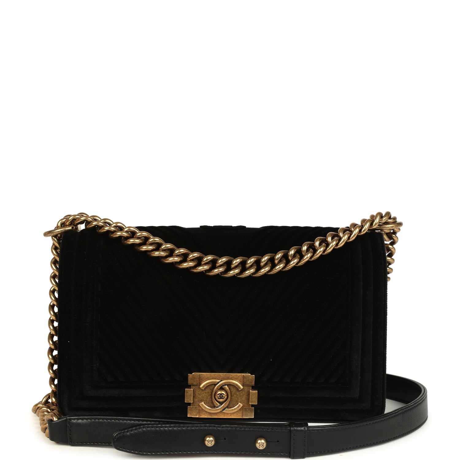 Medium Boy Bag Black Chevron Velvet Antique Gold Hardware