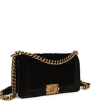 Medium Boy Bag Black Chevron Velvet Antique Gold Hardware