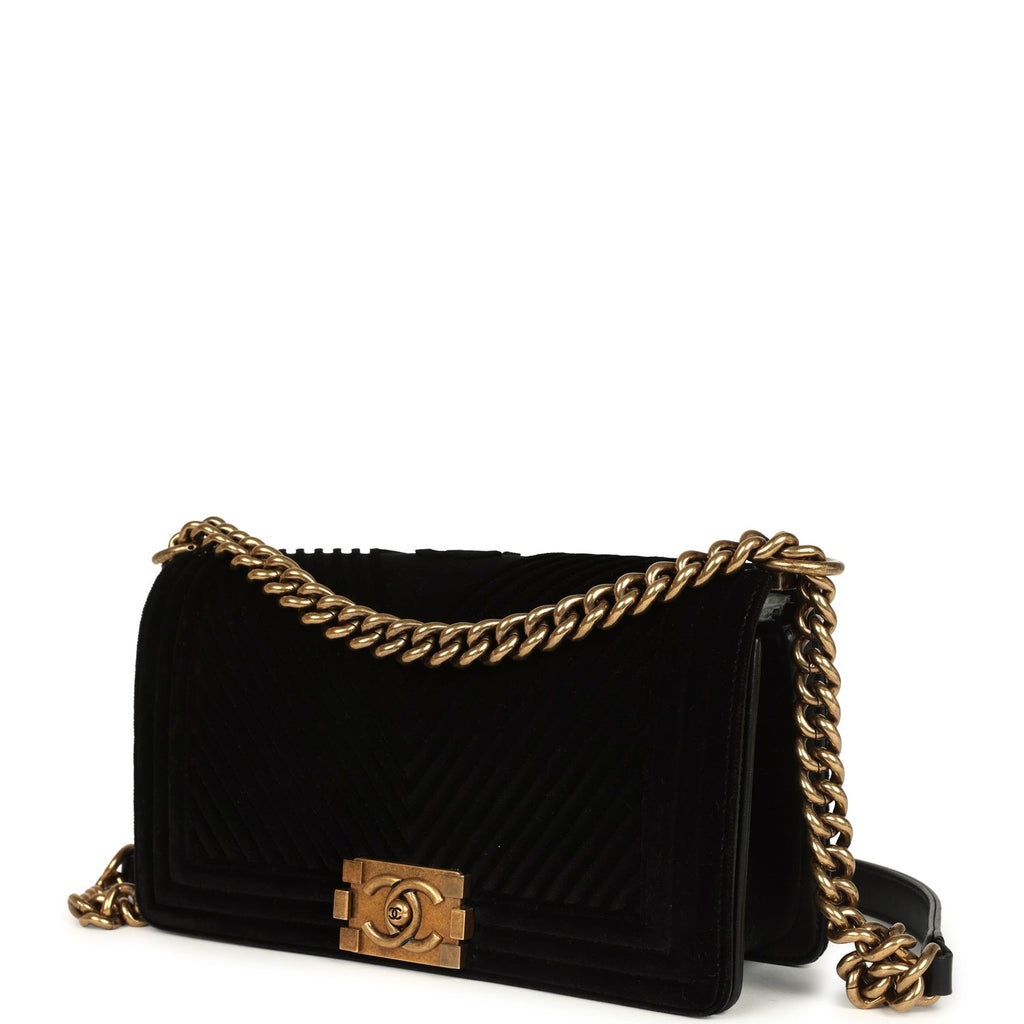 Medium Boy Bag Black Chevron Velvet Antique Gold Hardware