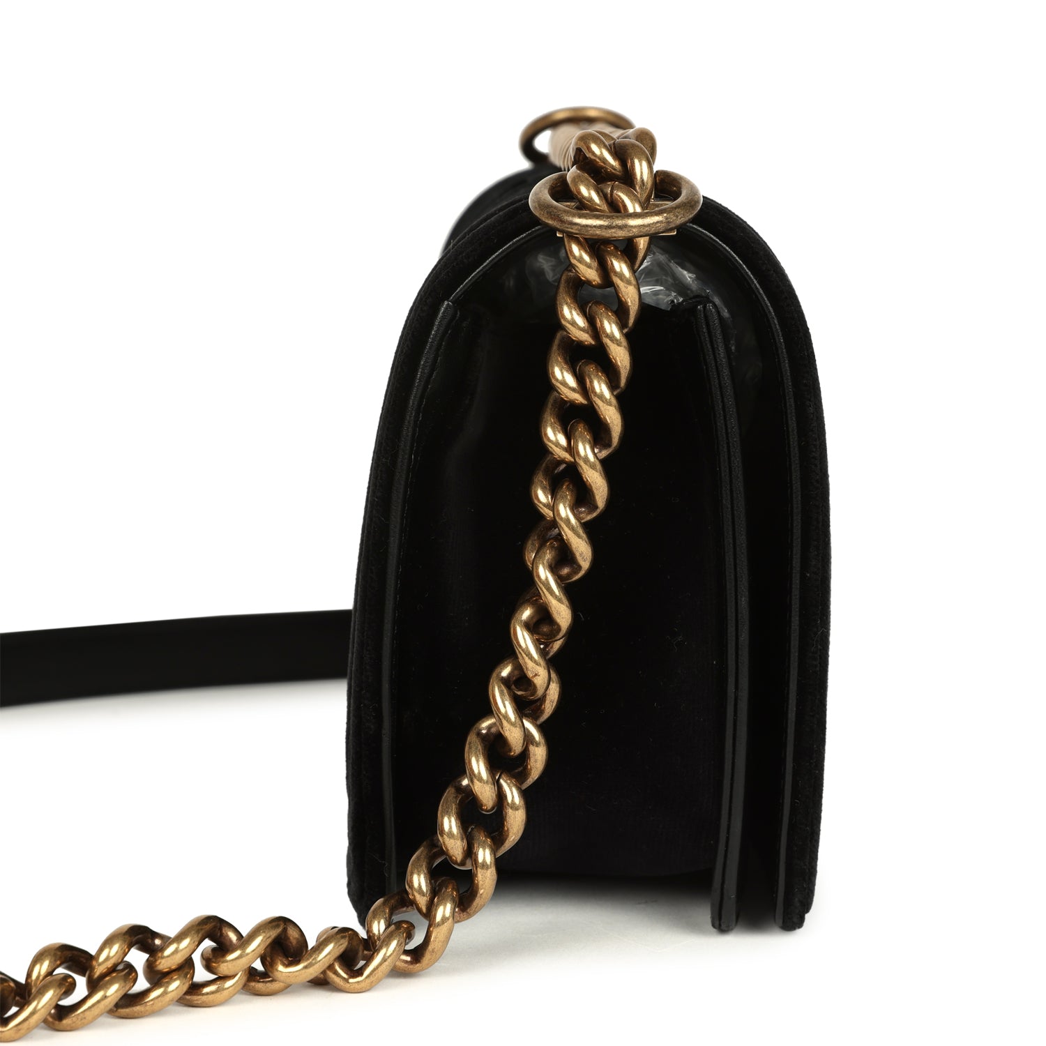Medium Boy Bag Black Chevron Velvet Antique Gold Hardware