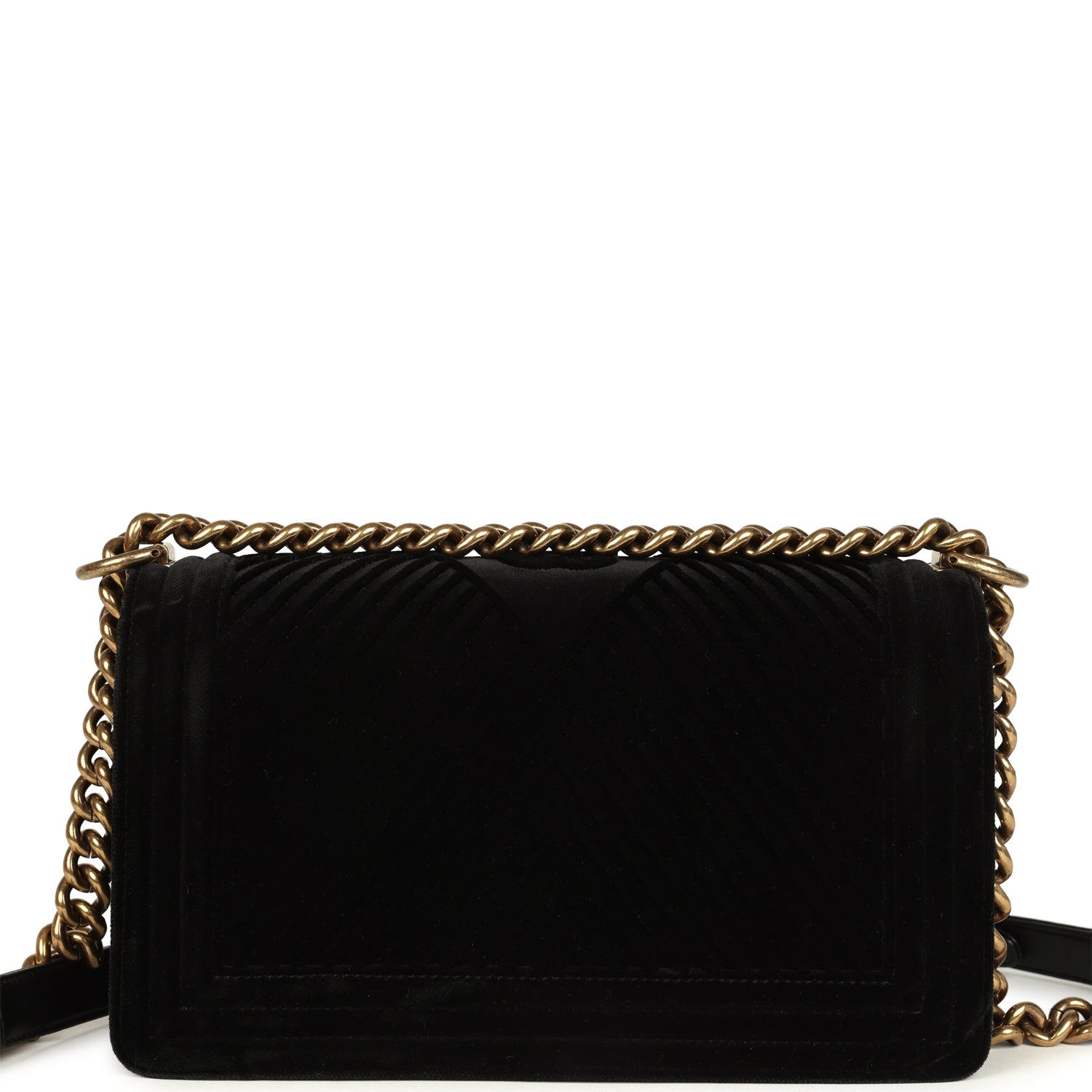 Medium Boy Bag Black Chevron Velvet Antique Gold Hardware