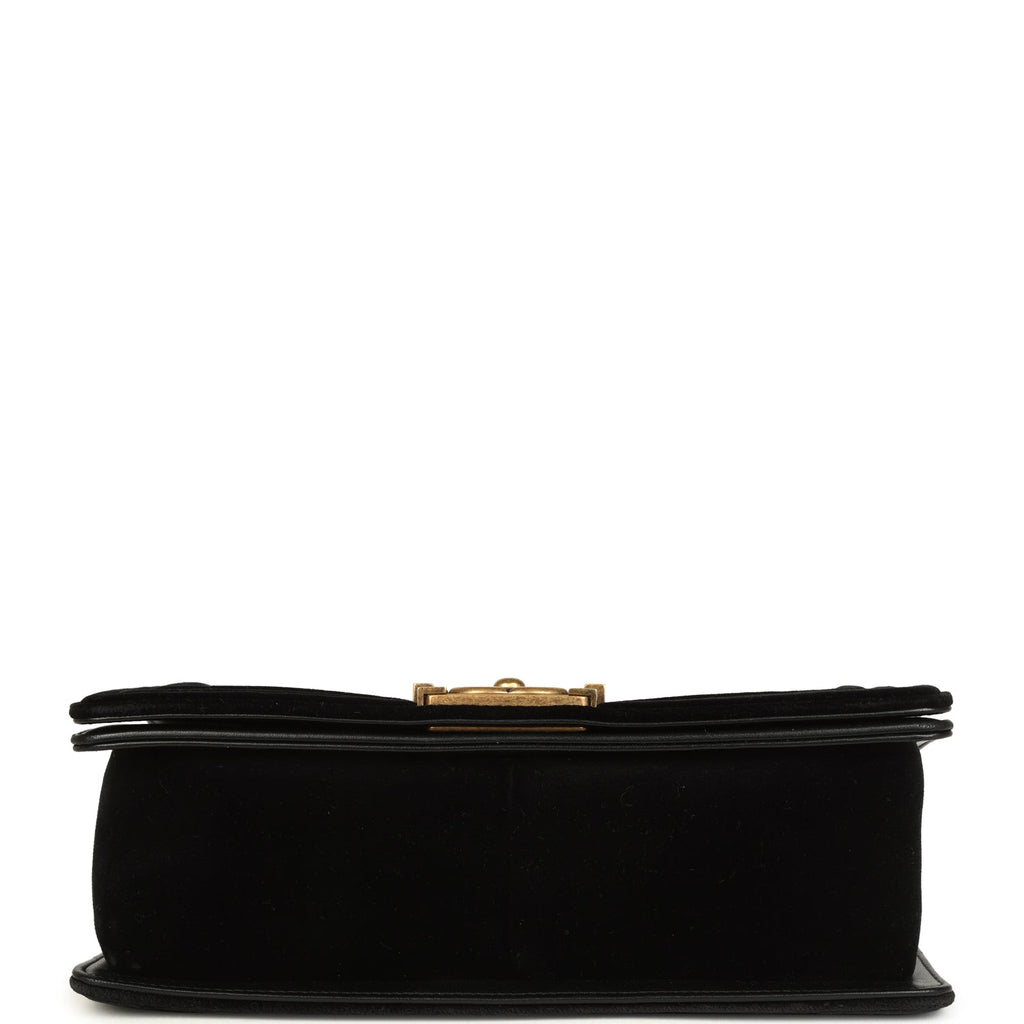 Medium Boy Bag Black Chevron Velvet Antique Gold Hardware