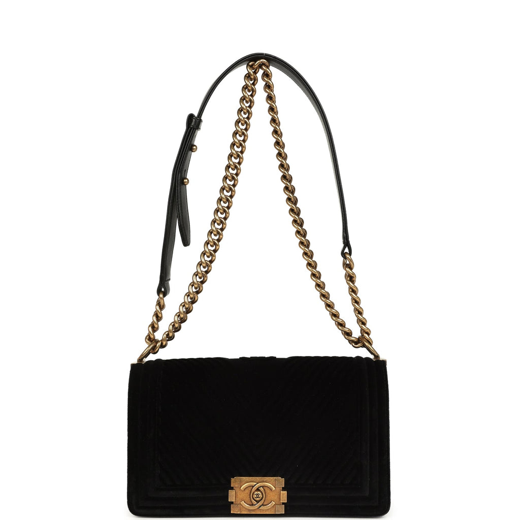 Medium Boy Bag Black Chevron Velvet Antique Gold Hardware