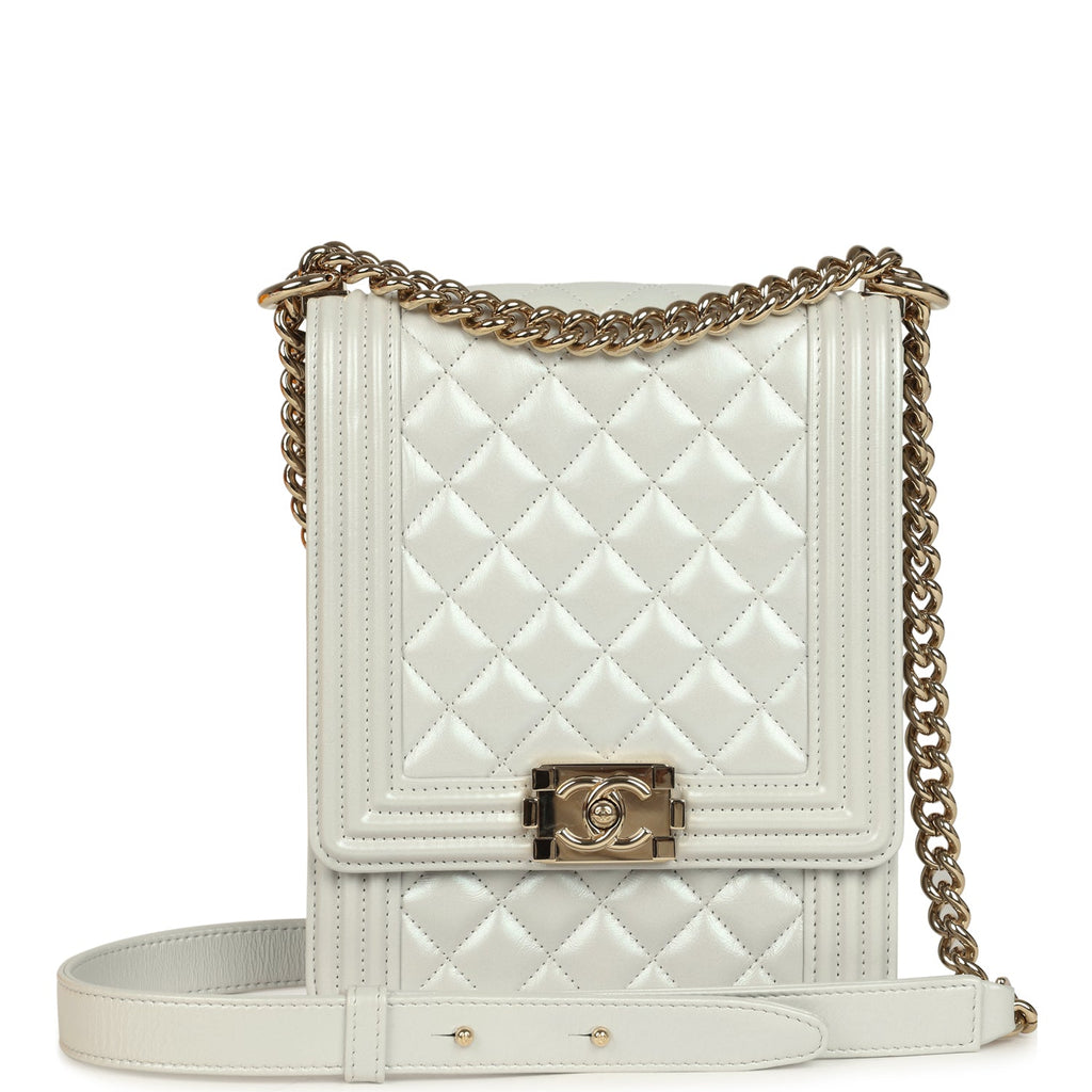 North South Boy Bag Light Grey Iridescent Calfskin Light Gold Hardware