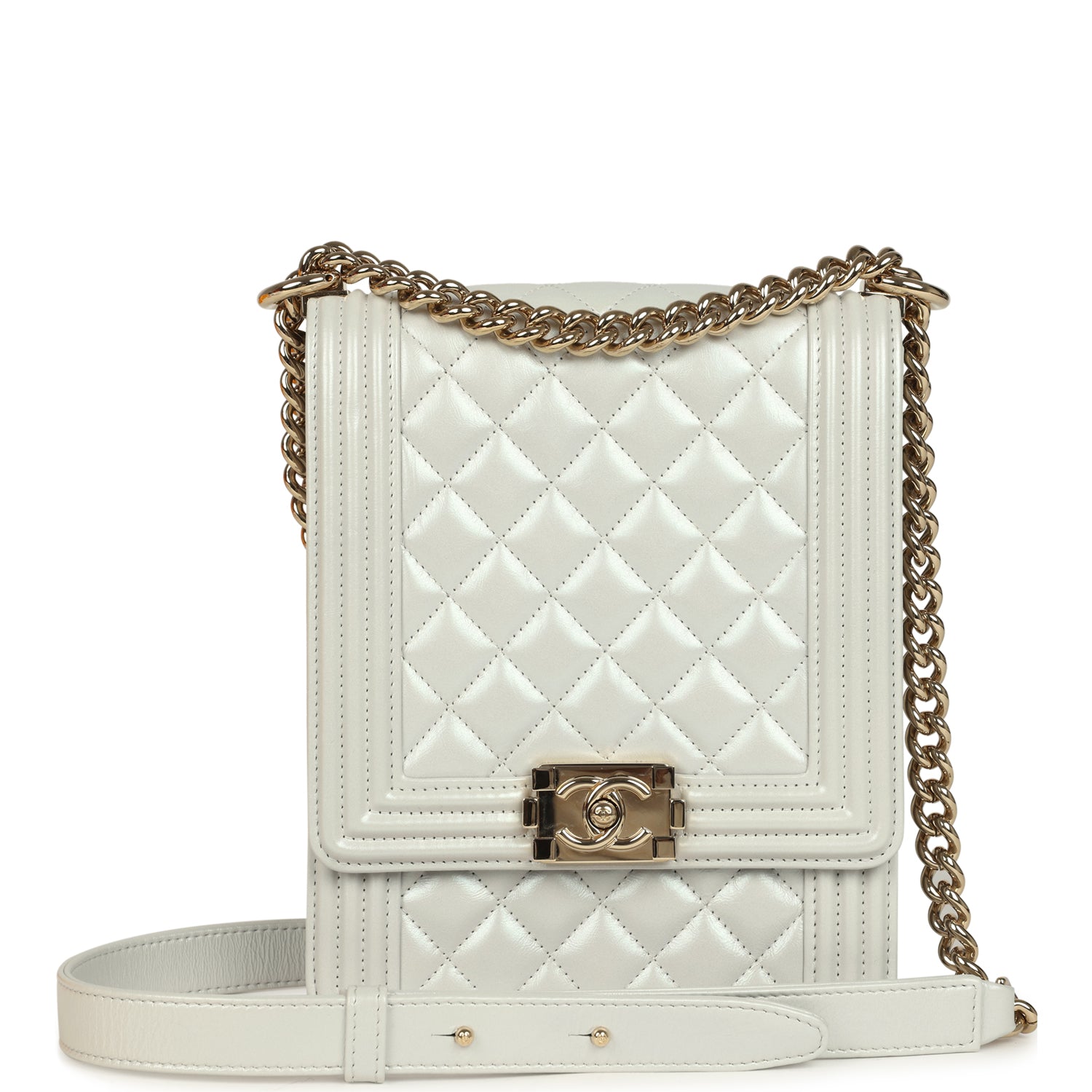 North South Boy Bag Light Grey Iridescent Calfskin Light Gold Hardware