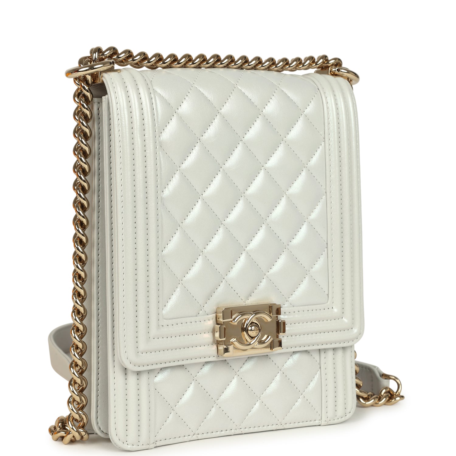 North South Boy Bag Light Grey Iridescent Calfskin Light Gold Hardware