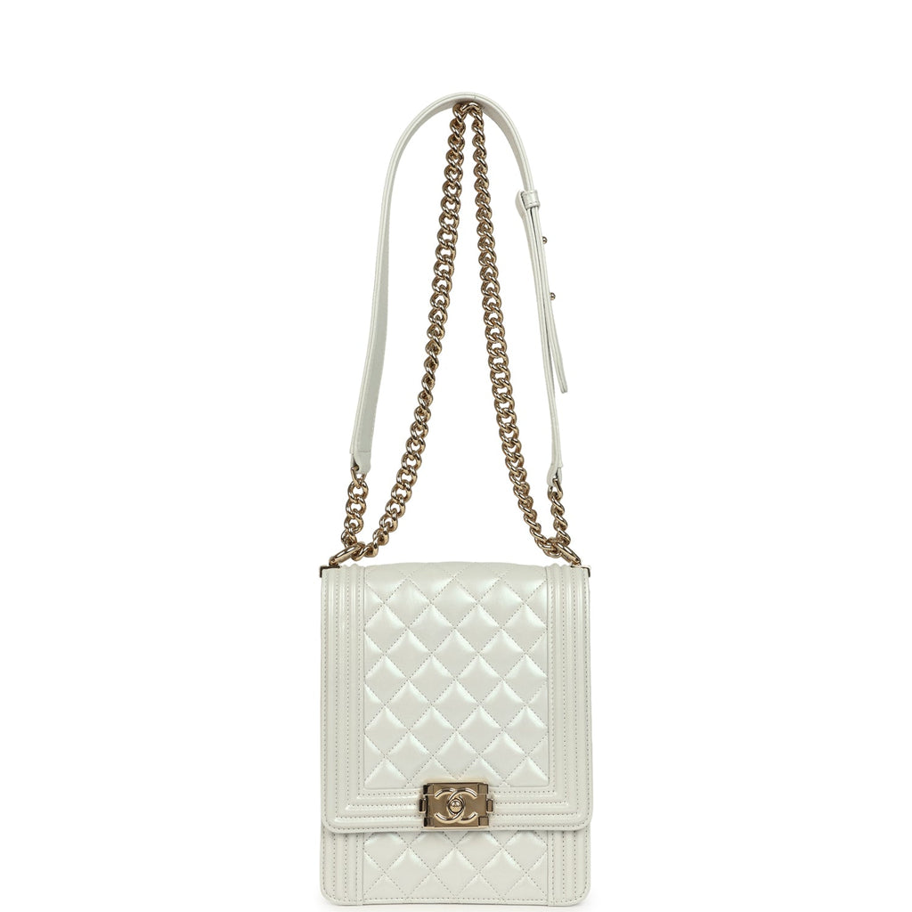 North South Boy Bag Light Grey Iridescent Calfskin Light Gold Hardware