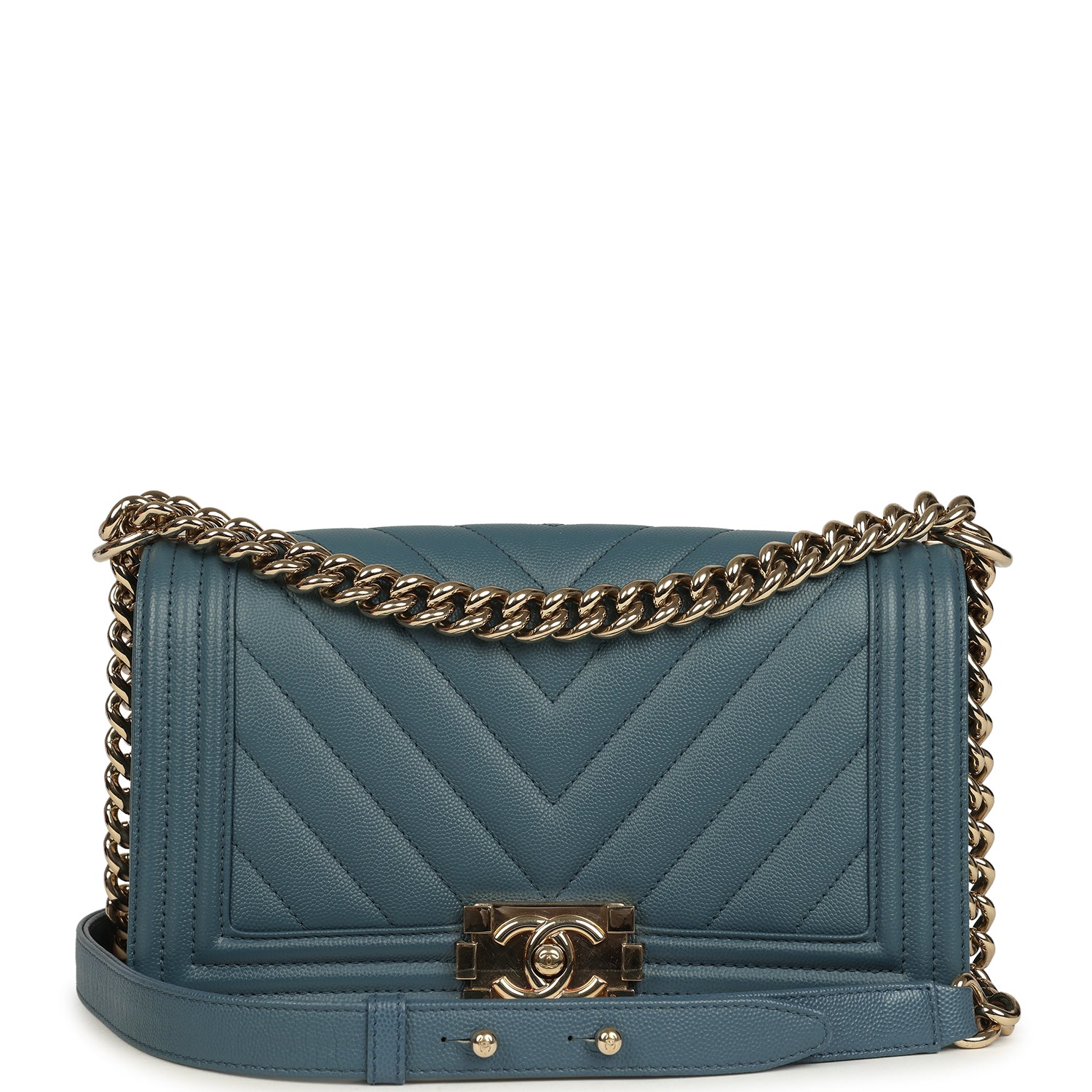 Medium Chevron Boy Bag Blue Caviar Light Gold Hardware