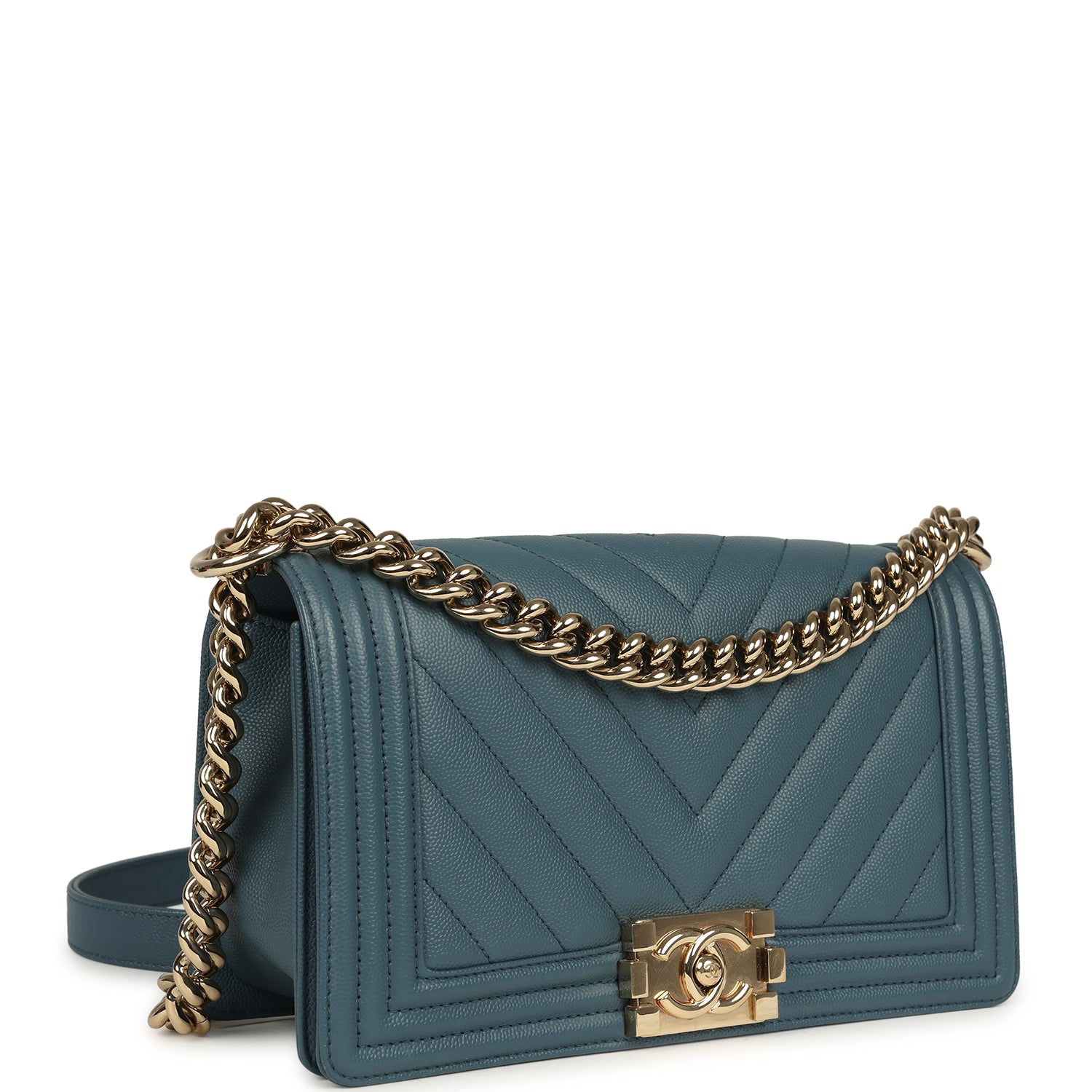 Medium Chevron Boy Bag Blue Caviar Light Gold Hardware