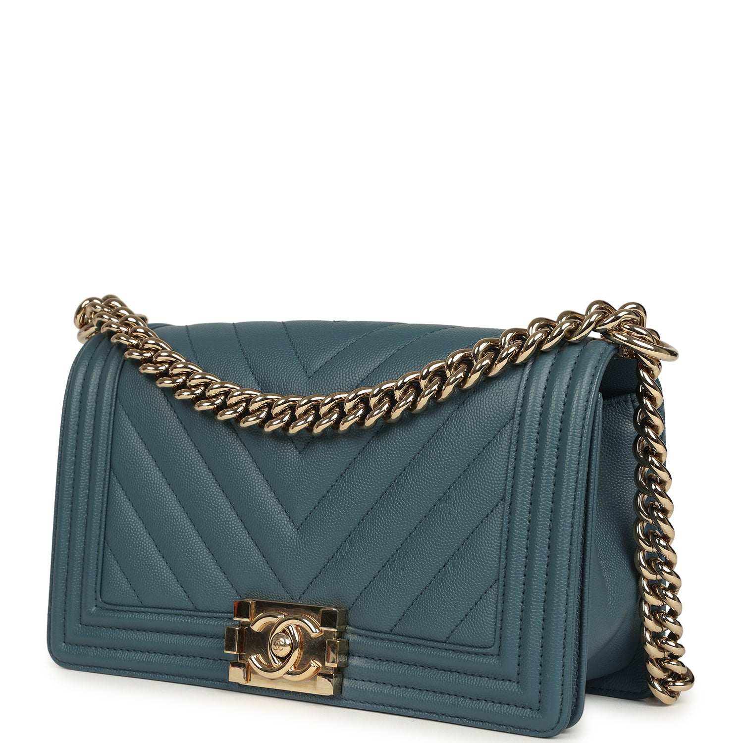 Medium Chevron Boy Bag Blue Caviar Light Gold Hardware