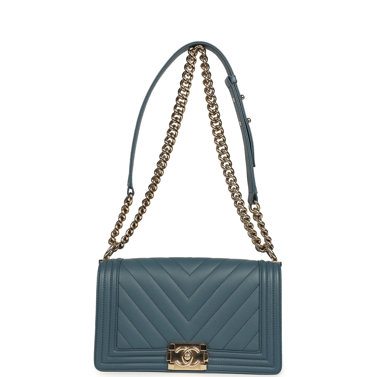 Medium Chevron Boy Bag Blue Caviar Light Gold Hardware