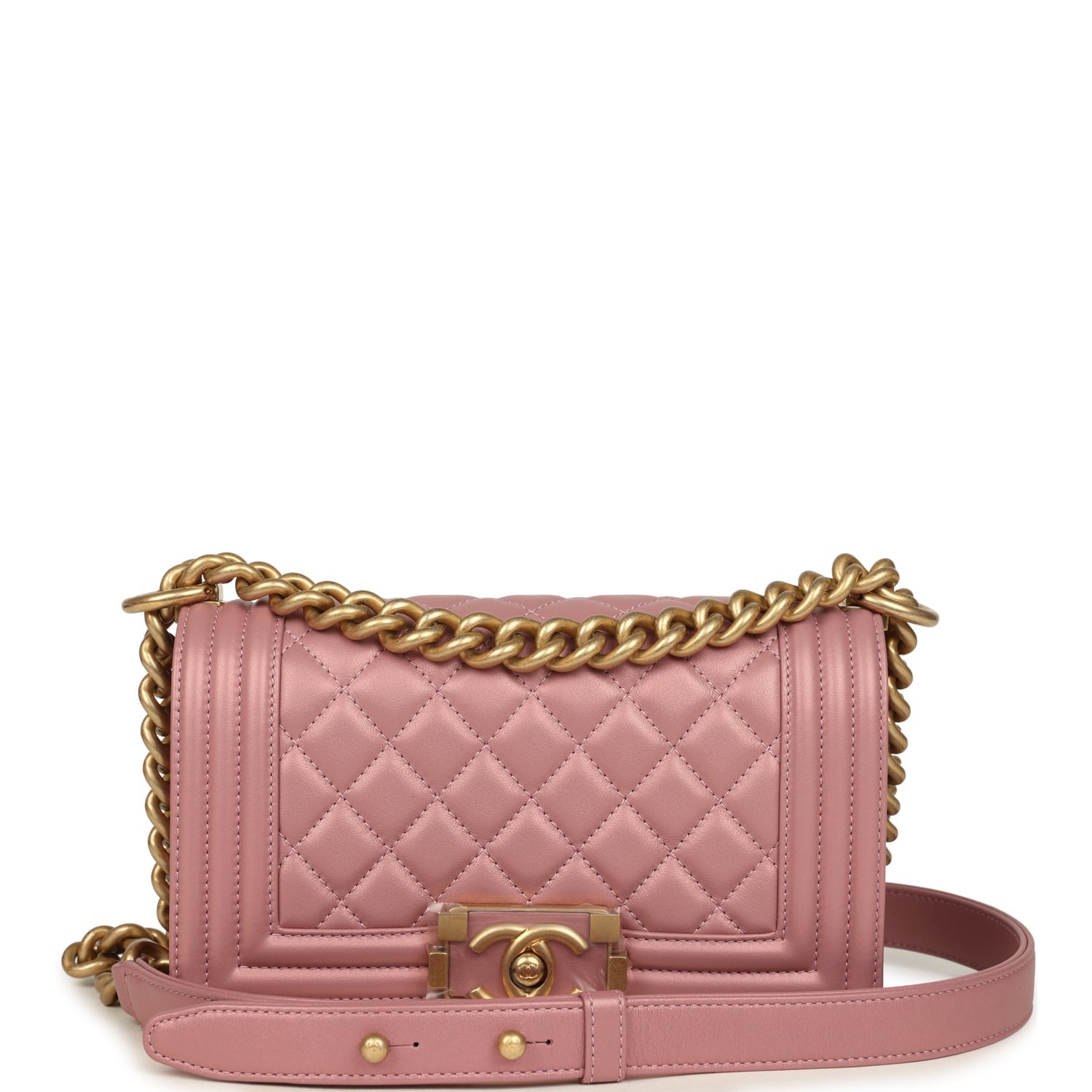 Small Boy Bag Pink Iridescent Lambskin Antique Gold Hardware