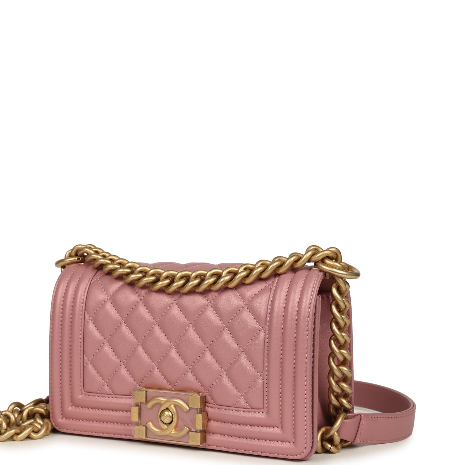 Small Boy Bag Pink Iridescent Lambskin Antique Gold Hardware