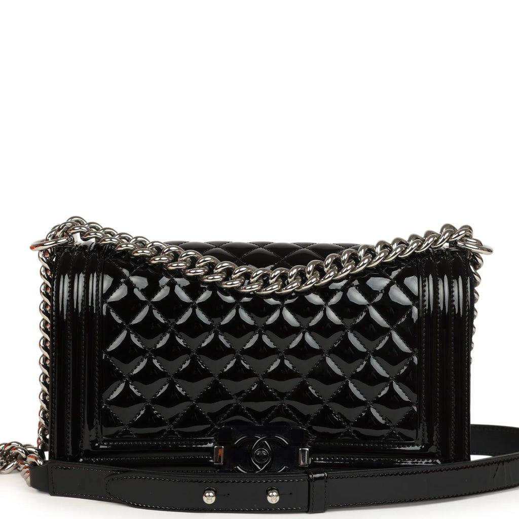 Medium Boy Bag Black Patent Silver Hardware
