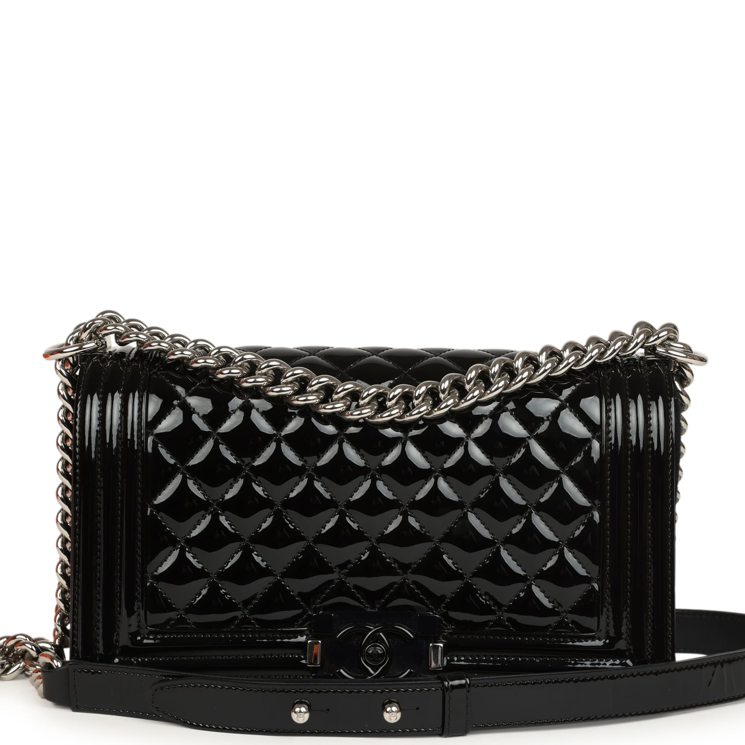 Medium Boy Bag Black Patent Silver Hardware