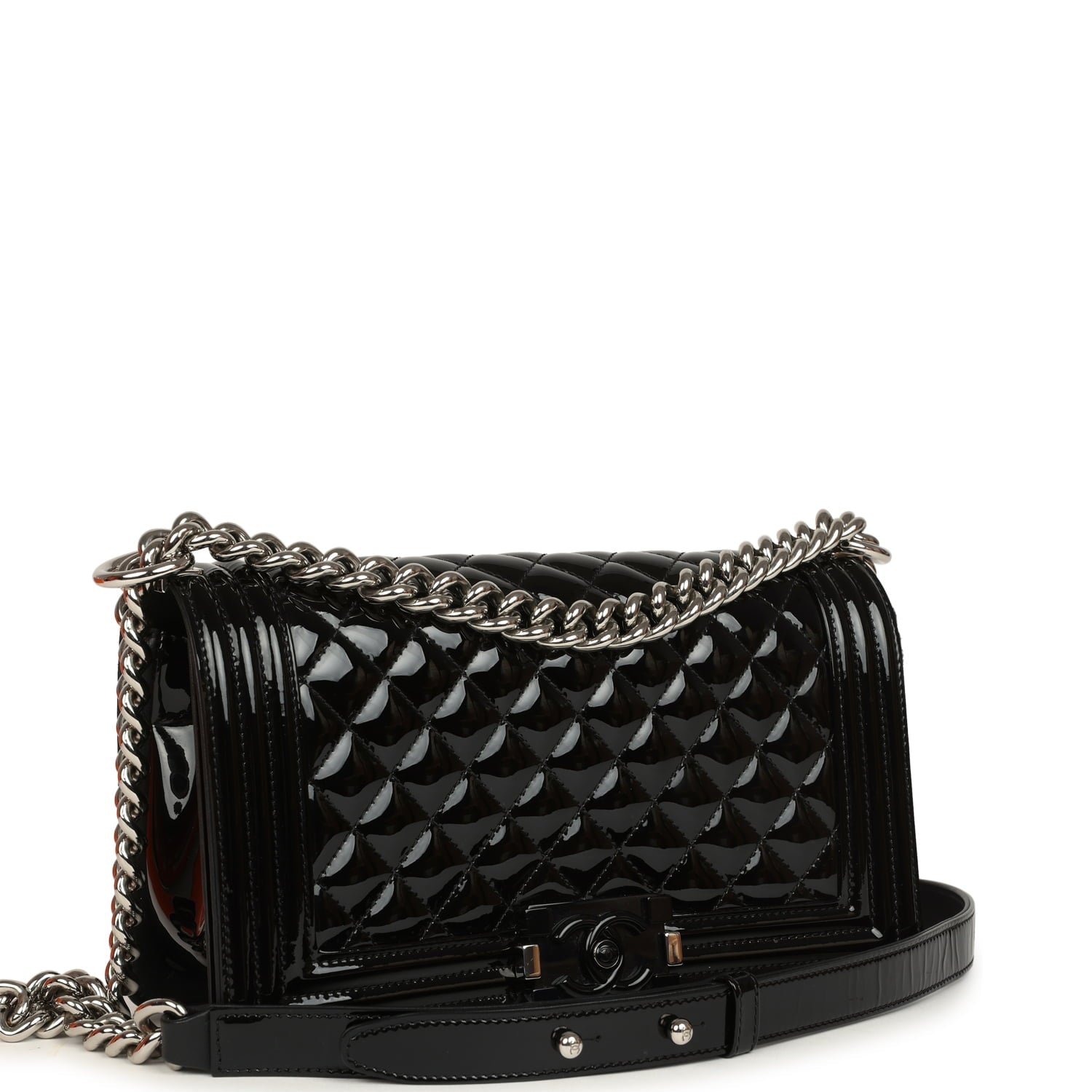Medium Boy Bag Black Patent Silver Hardware