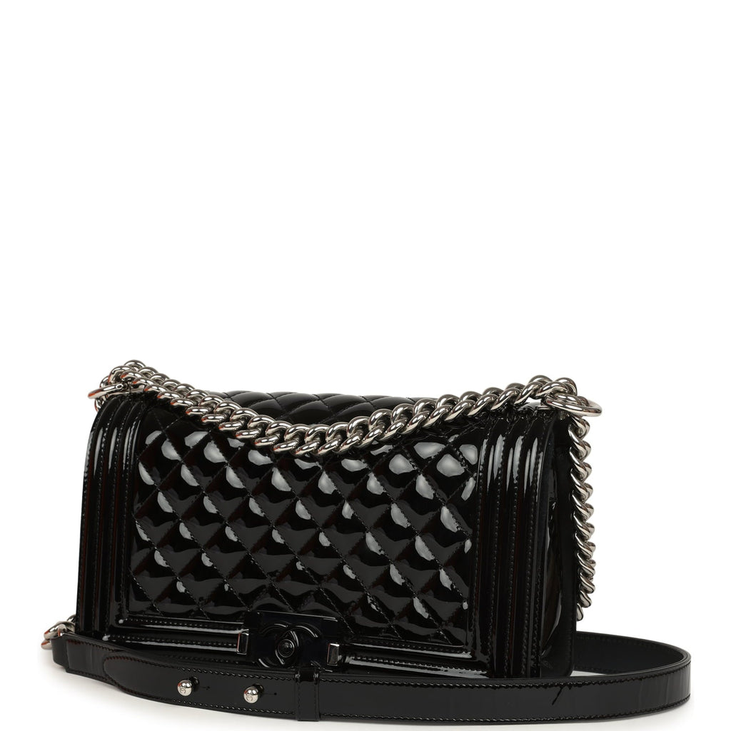 Medium Boy Bag Black Patent Silver Hardware