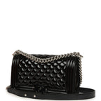 Medium Boy Bag Black Patent Silver Hardware