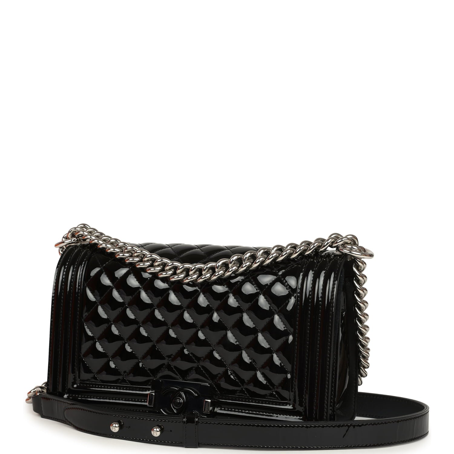 Medium Boy Bag Black Patent Silver Hardware