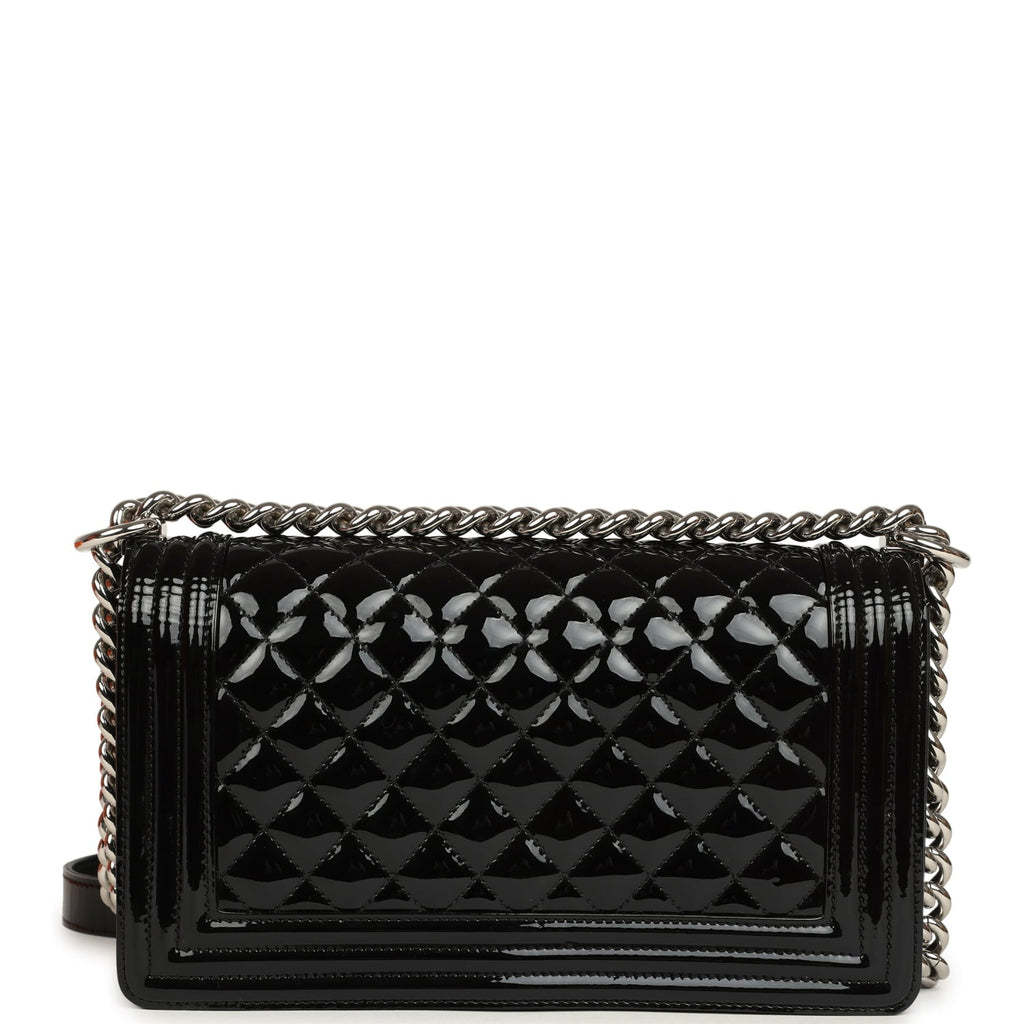 Medium Boy Bag Black Patent Silver Hardware