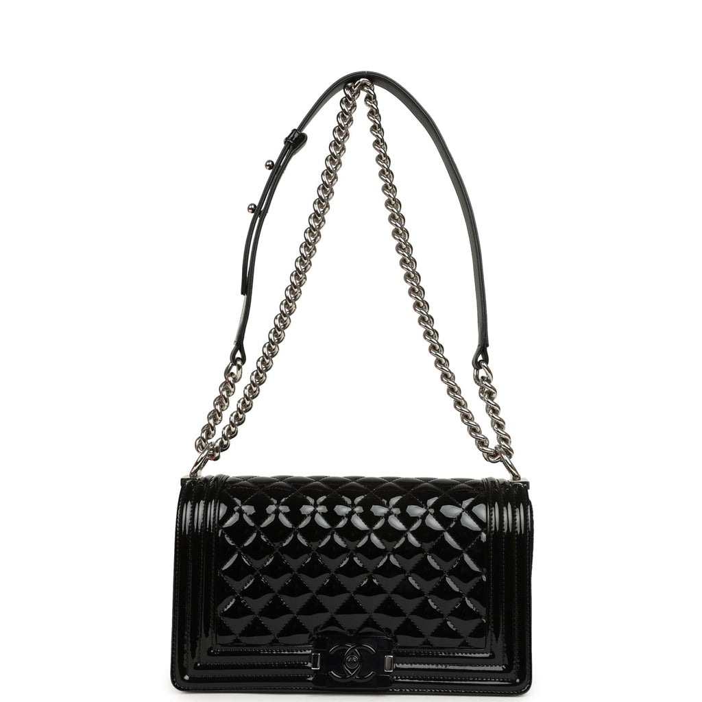 Medium Boy Bag Black Patent Silver Hardware