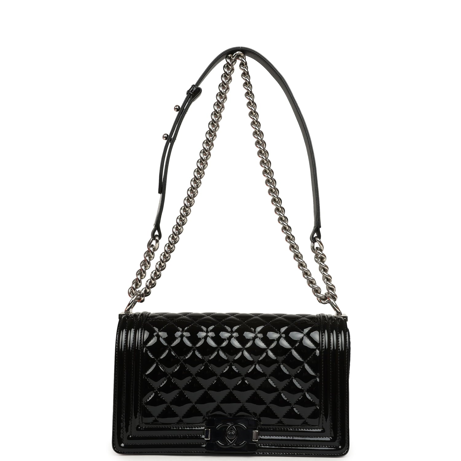 Medium Boy Bag Black Patent Silver Hardware