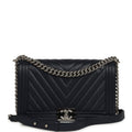 New Medium Chevron Boy Bag Navy Blue Calfskin Silver Hardware