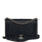 New Medium Chevron Boy Bag Navy Blue Calfskin Silver Hardware
