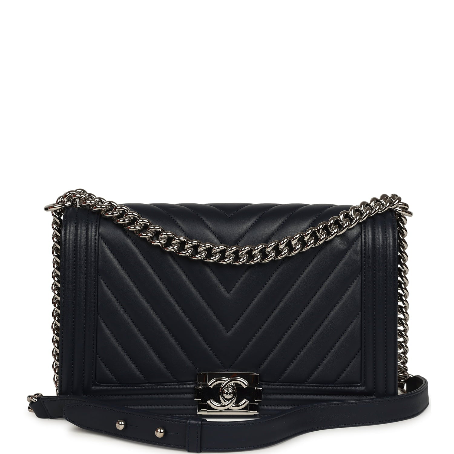 New Medium Chevron Boy Bag Navy Blue Calfskin Silver Hardware
