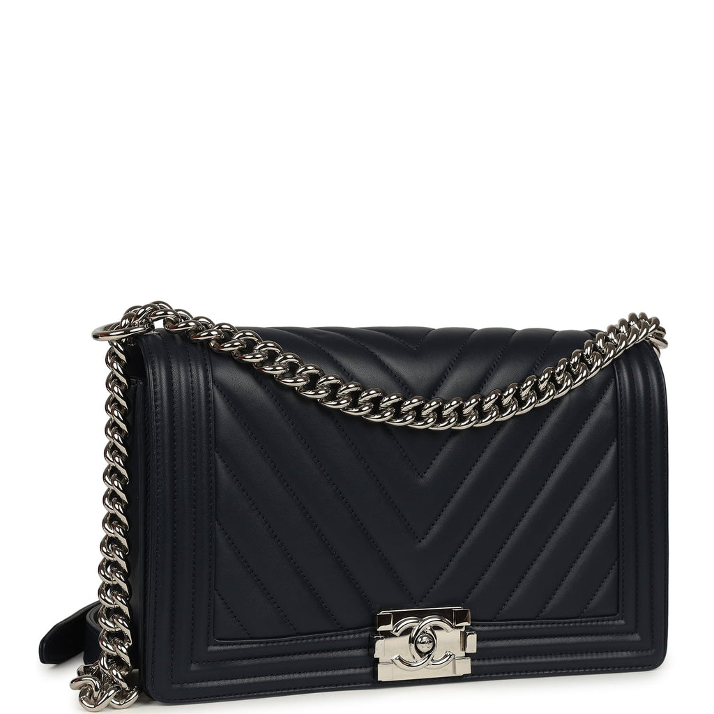 New Medium Chevron Boy Bag Navy Blue Calfskin Silver Hardware