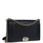 New Medium Chevron Boy Bag Navy Blue Calfskin Silver Hardware