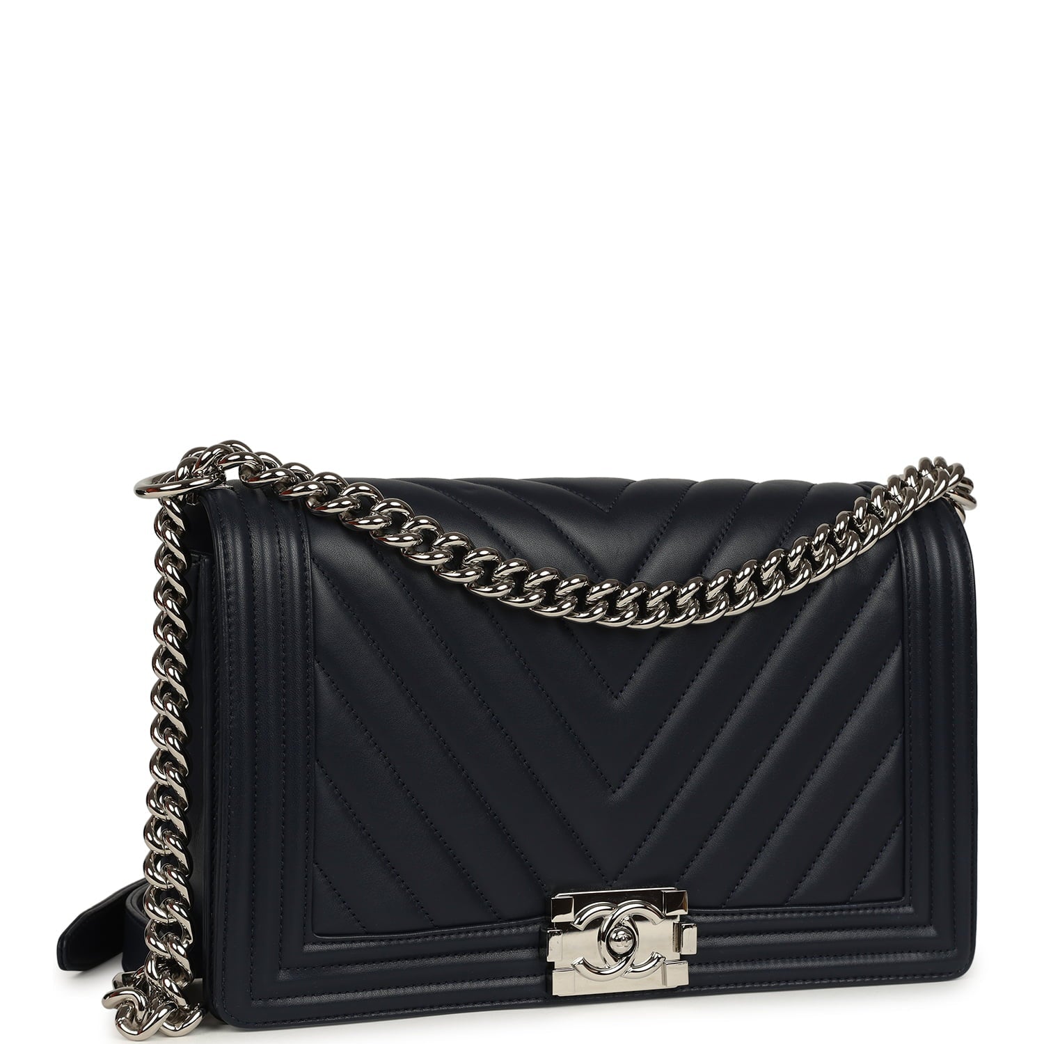 New Medium Chevron Boy Bag Navy Blue Calfskin Silver Hardware