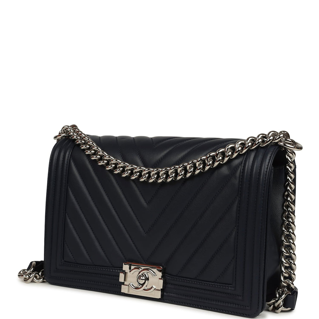 New Medium Chevron Boy Bag Navy Blue Calfskin Silver Hardware