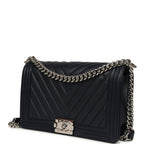 New Medium Chevron Boy Bag Navy Blue Calfskin Silver Hardware