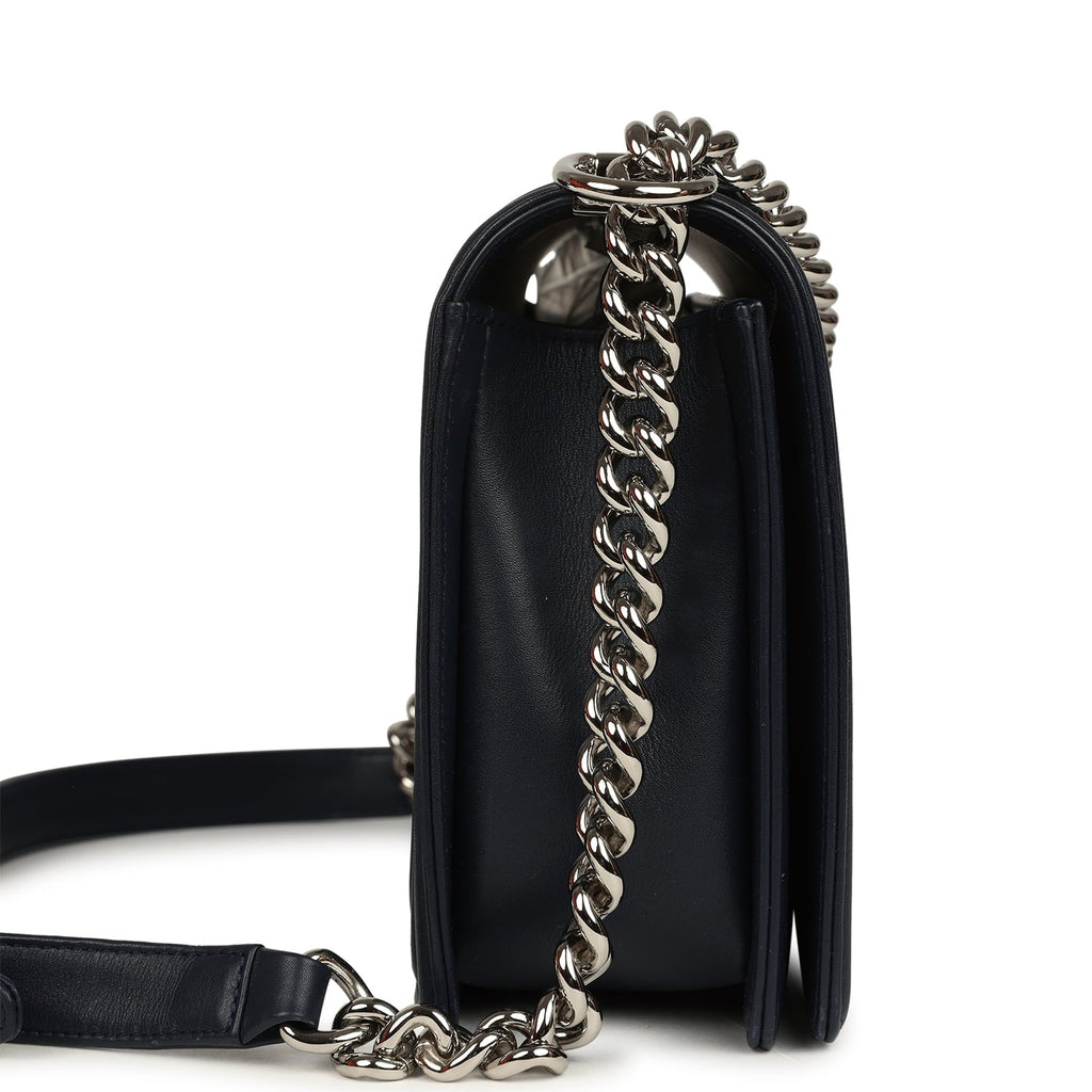 New Medium Chevron Boy Bag Navy Blue Calfskin Silver Hardware