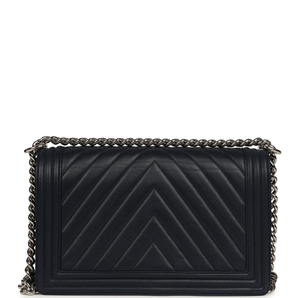 New Medium Chevron Boy Bag Navy Blue Calfskin Silver Hardware