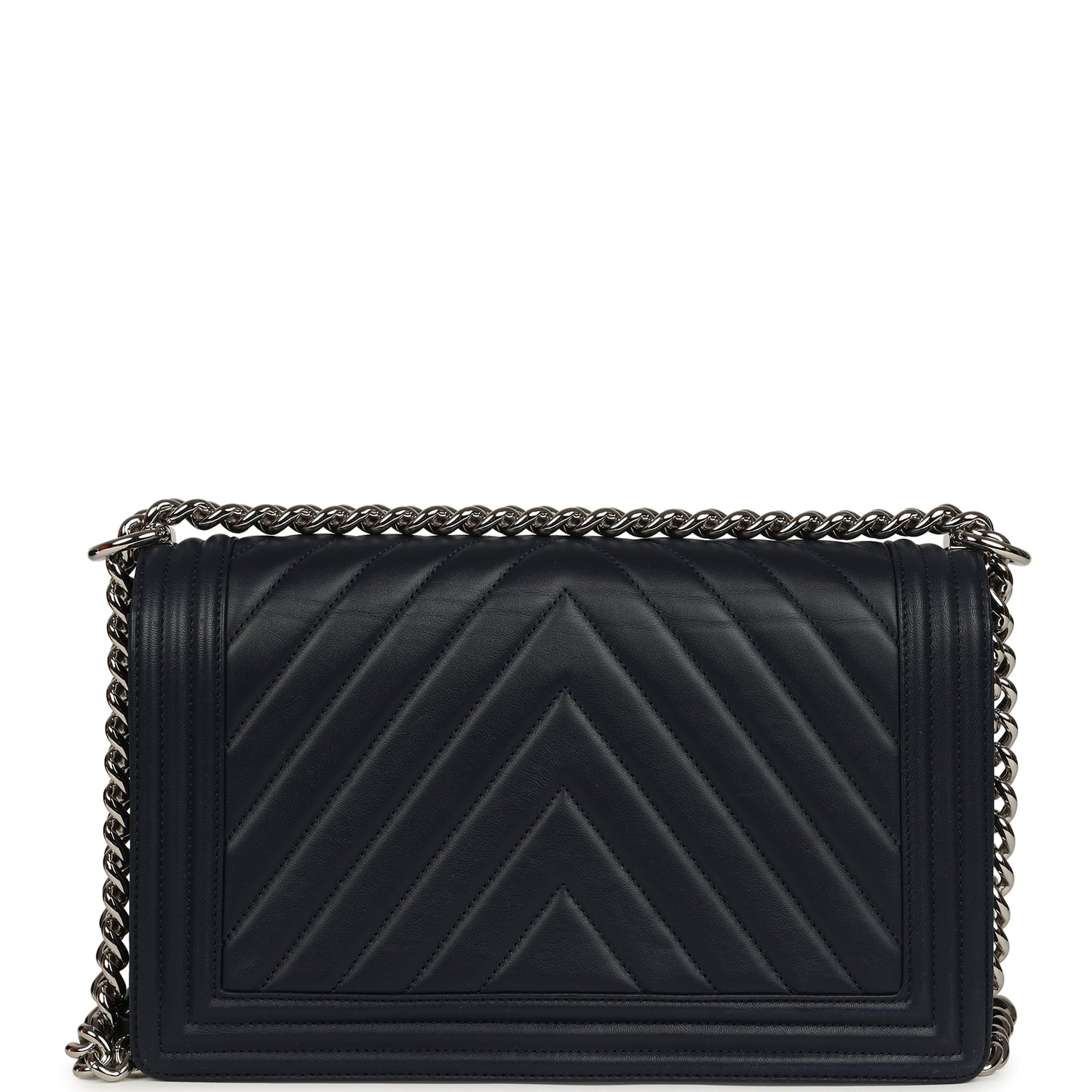 New Medium Chevron Boy Bag Navy Blue Calfskin Silver Hardware